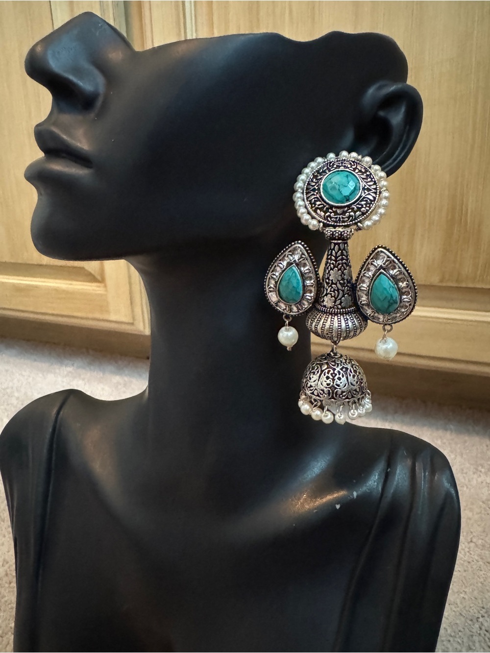 Silver Jhumka Earrings with Turquoise Accent Stones - Women Jewelry